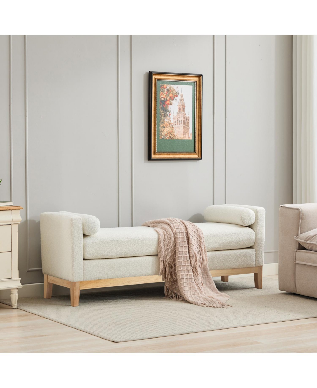 Streamdale Furniture + 1 Pc. + Ivory Boucle + Elegant Upholstered + Bench/Daybed