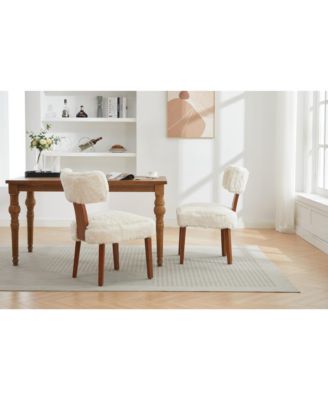 Fur Fabric Armless Dining Chairs, Curved Back, Wood Legs, Ivory (Set of 2