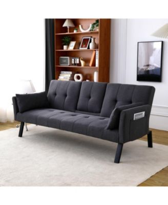 70" Cotton Linen Sofa Bed- Foldable, Cup Holder, Side Storage