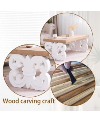 Ornate Wood Coffee Table - Farmhouse Style, Carved Base.