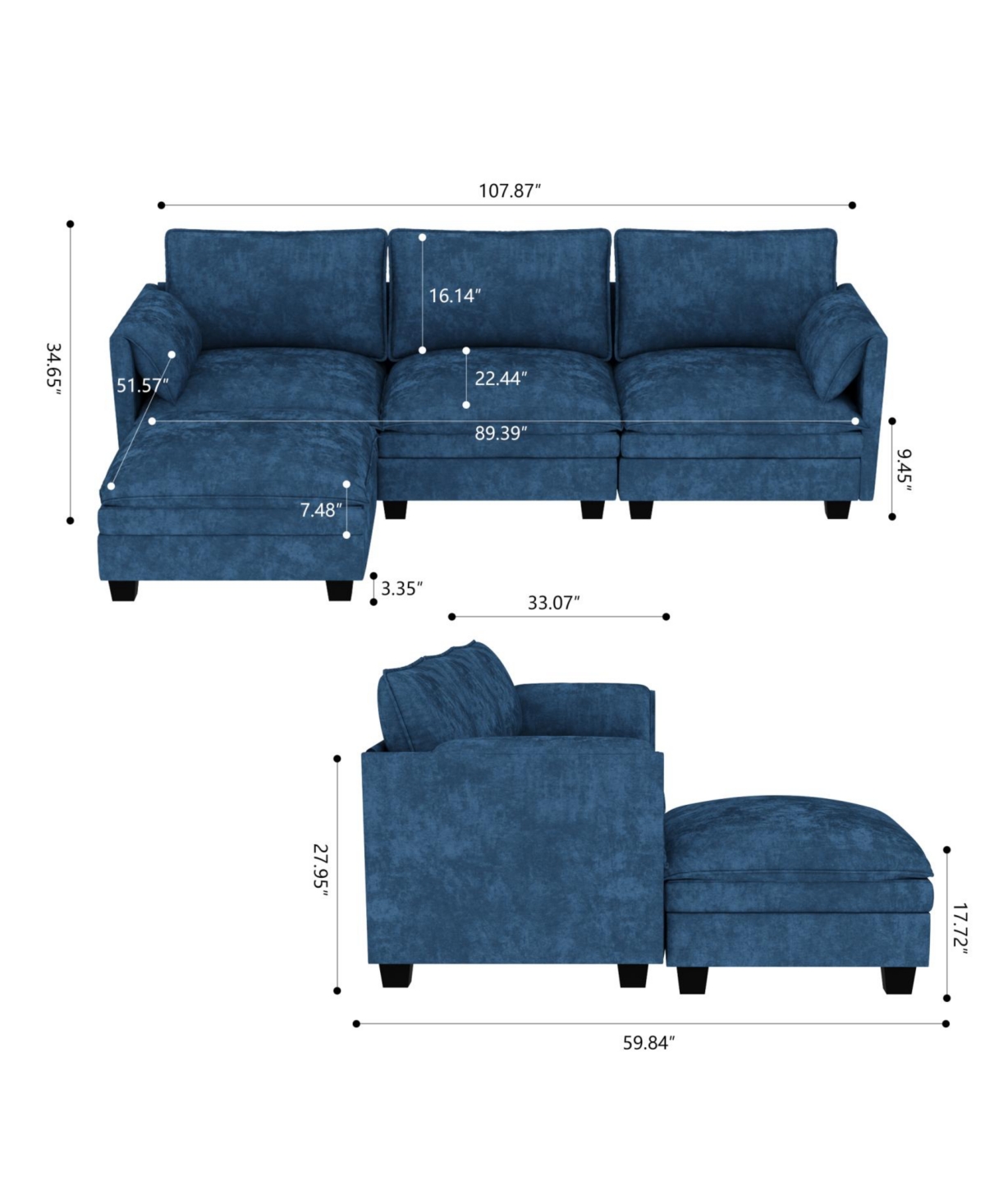 Streamdale Furniture Streamdale 107.8" 3 Seater L-Shaped Sofa Couch with Ottoman & Pockets