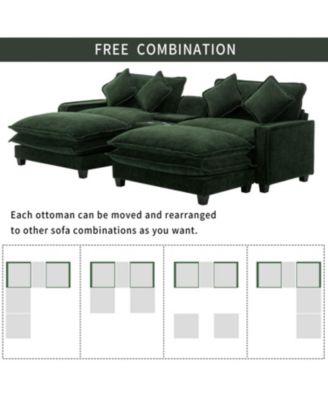 111" Chenille Sectional Sofa w/ Ottomans, USB, Cup Holders & Storage