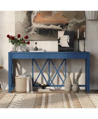 60" Acacia Console Table - Crisscross Design & 4 Drawers