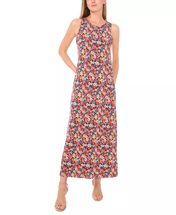 Women's Floral Sleeveless Keyhole-Back Crewneck Maxi Dress