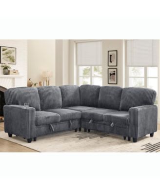 L-Shaped Sectional Sofa Bed- Pull-Out, Storage, USB, Corduroy