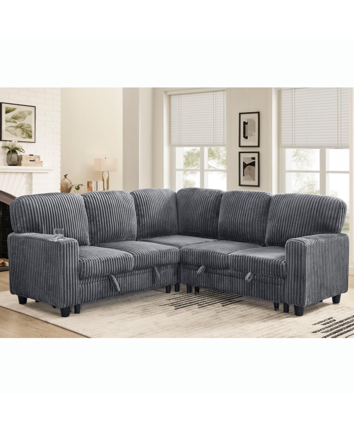 Streamdale Furniture L-Shaped Sectional Sofa Bed- Pull-Out, Storage, Usb, Corduroy
