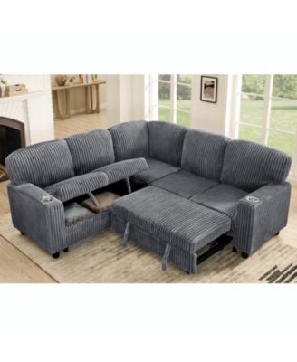 L-Shaped Sectional Sofa Bed- Pull-Out, Storage, USB, Corduroy