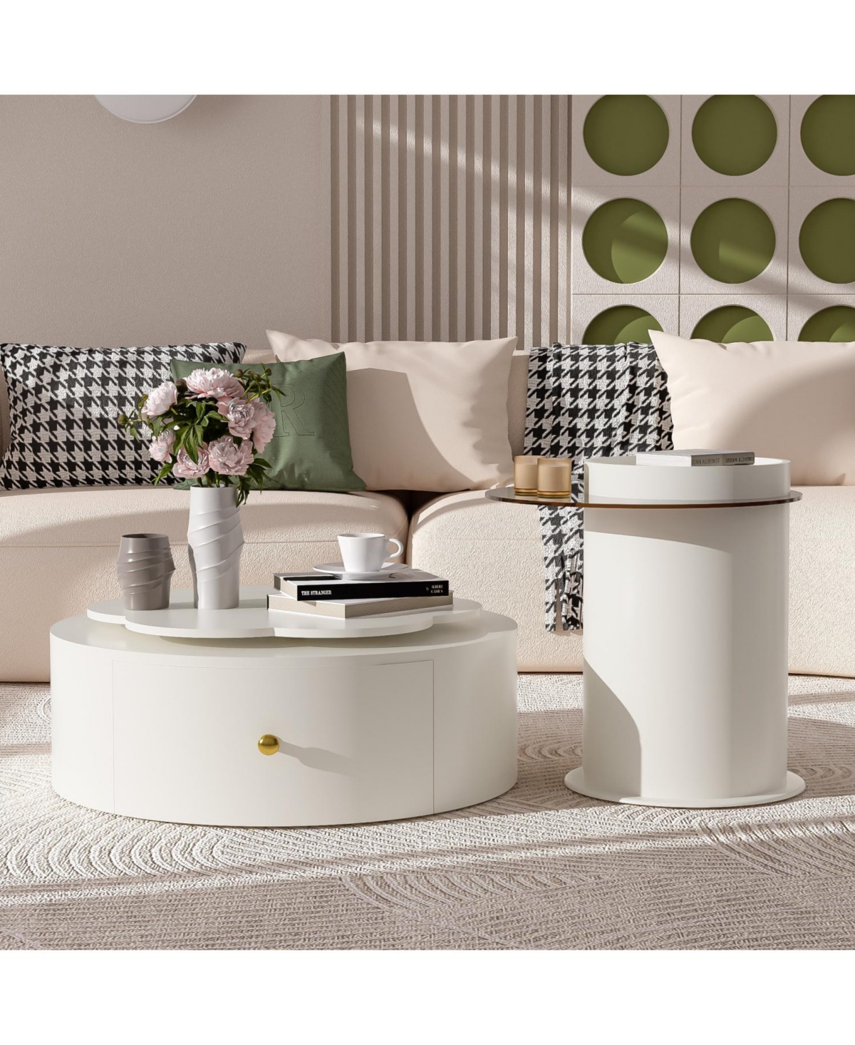 Streamdale Furniture Modern Round Coffee Table Set, Rotatable Top & Drawers