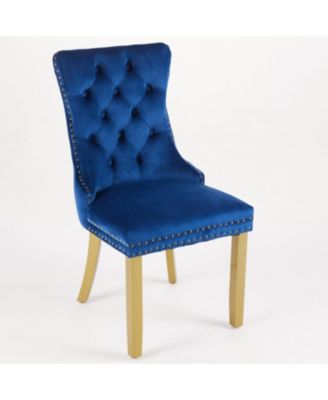 Mid-Century Tufted Velvet Dining Chairs, Lion Head Ring, Gold Legs, Blue, 2-Pcs