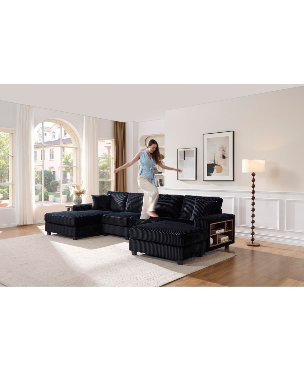 Streamdale Furniture Convertible Corduroy U-Shaped Sofa, Modern 4 Seat Couch