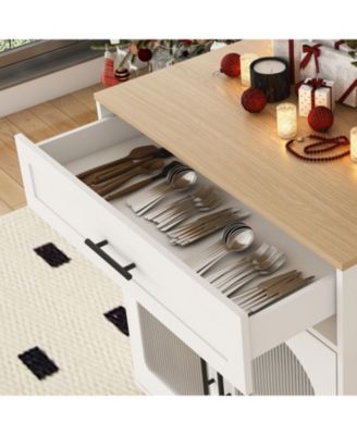 80" Expandable Kitchen Island, Solid Wood Top, Power Outlet, Mobile Cart