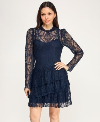 Juniors' Lace Long-Sleeve Tier Dress
