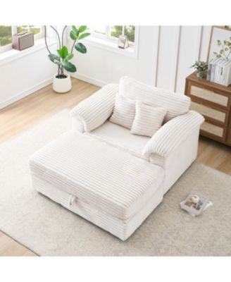 Corduroy Armchair Set w/ USB Ports & Storage Stool - White