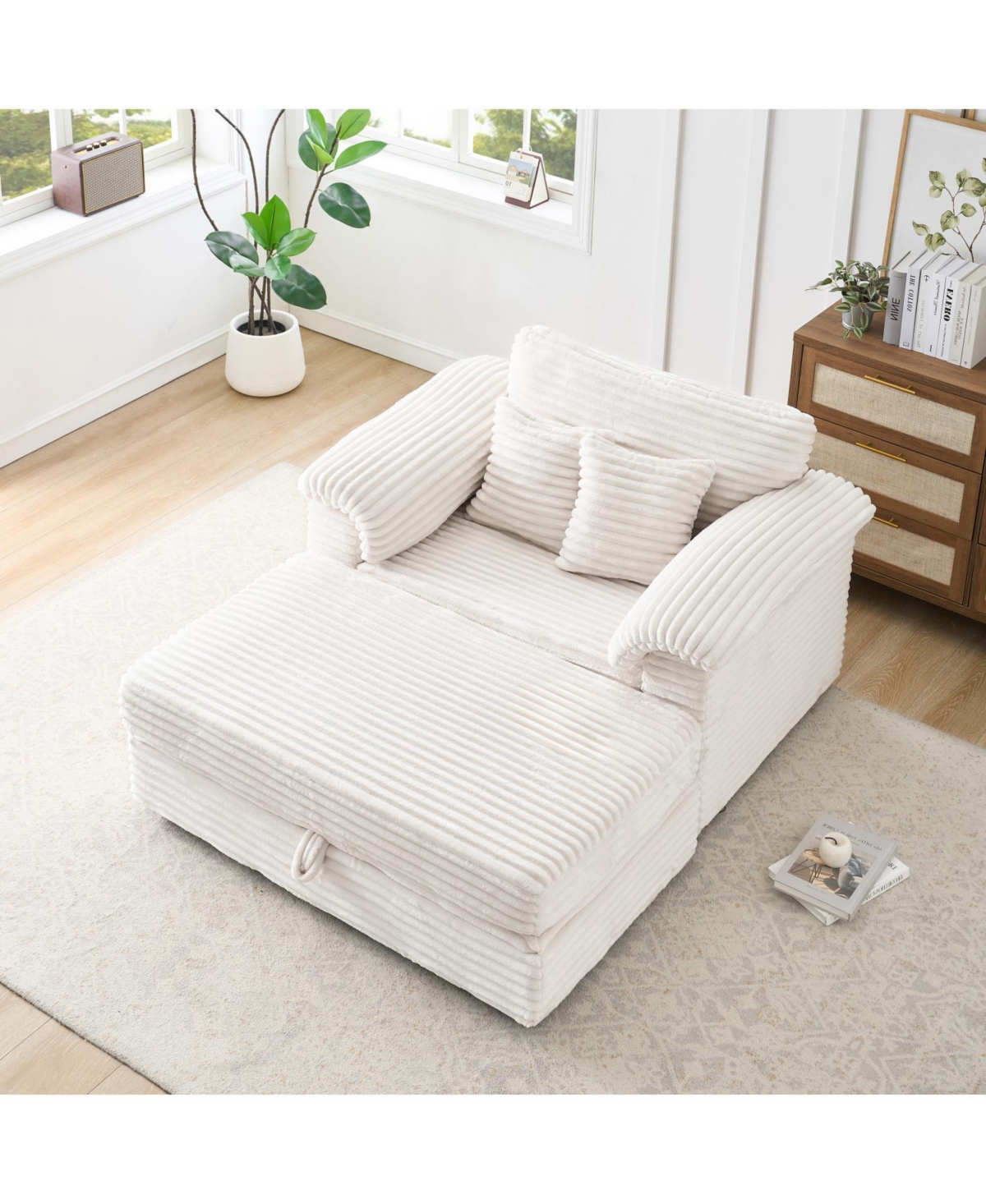 Streamdale Furniture Corduroy Armchair Set w/ Usb Ports & Storage Stool - White