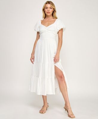 Juniors' Sweetheart Neck Puff-Sleeve Ruched Waist Midi Dress