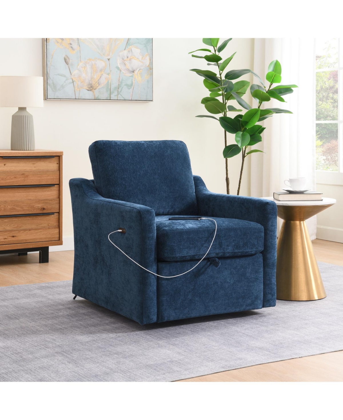 Streamdale Furniture Swivel Chenille Accent Chair w/ Usb & Pocket - Navy