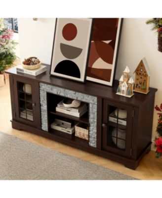 58" Modern TV Stand, 2-Door Storage, Faux Stone Media Console, Cherry