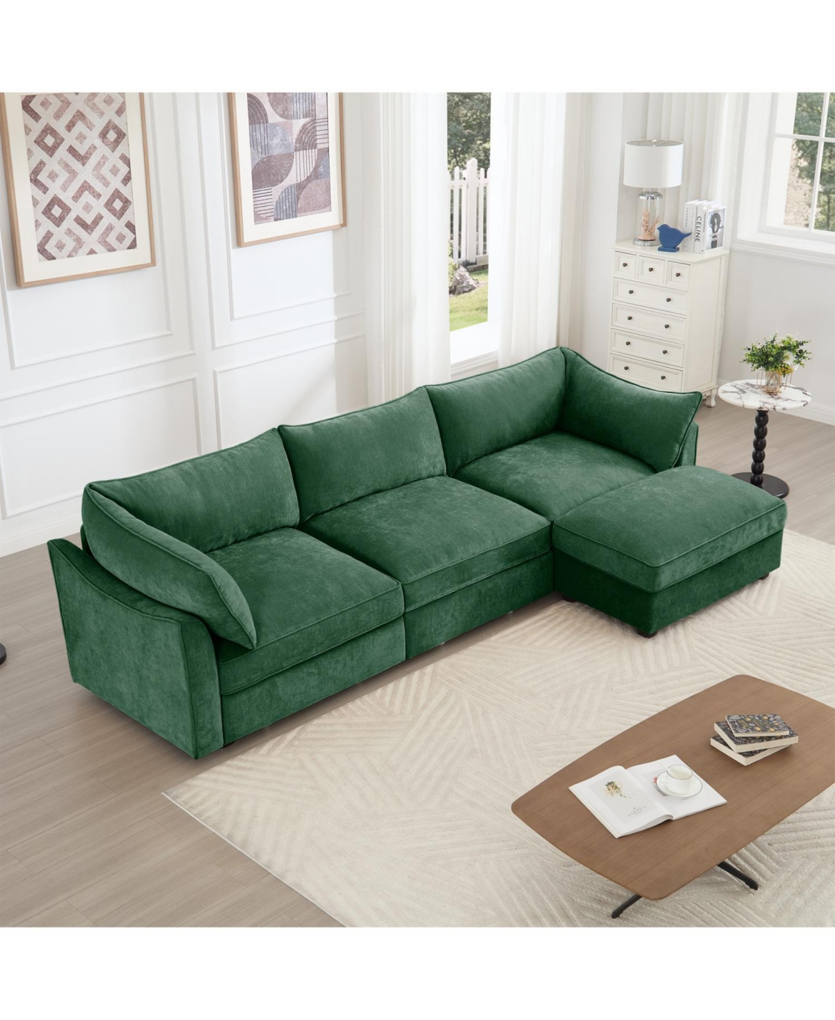 Streamdale Furniture L-Shaped Sectional Sofa, Ottoman, Wide Deep Seat, Chenille