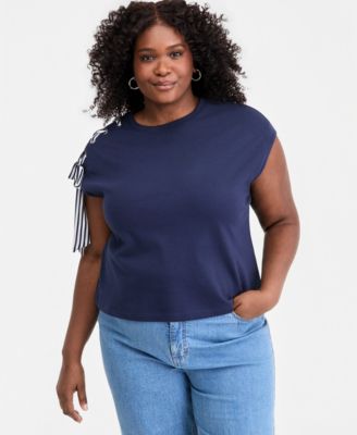 Trendy Plus Size Ribbon-Trim Crewneck Cotton Top