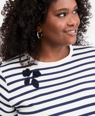 Trendy Plus Size Embroidered Striped Short-Sleeve Top