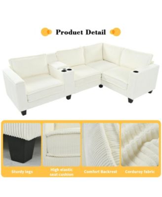 L-Shaped Corduroy Sofa w/ Storage & USB