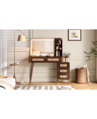 47" Lighted Vanity Desk with Rattan Drawers - Dark Walnut