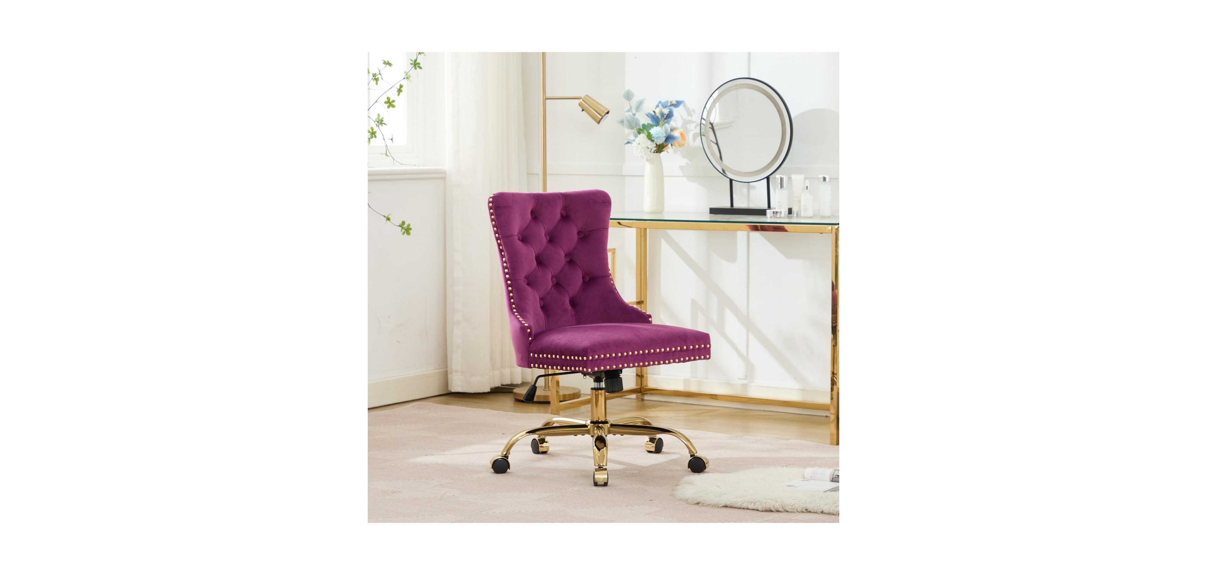 Streamdale Furniture Velvet Office Chair, Tufted, Golden Base, Adjustable, Swivel