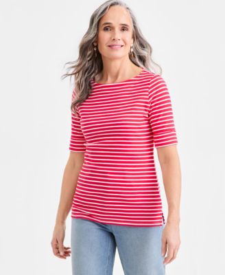 Women's Printed Boat-Neck Elbow-Sleeve Top