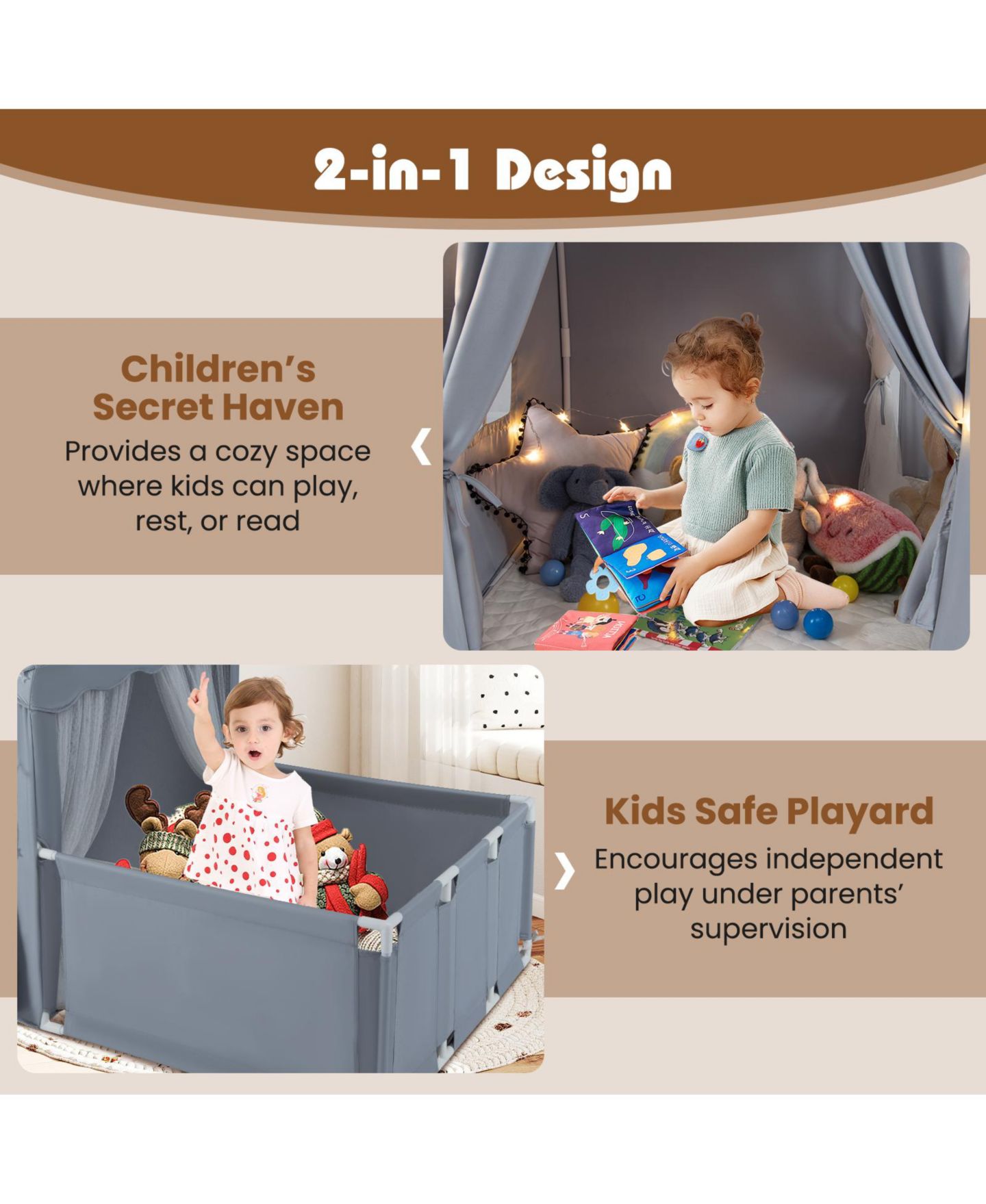 Детские игрушки Gymax Star Lights 3-Piece Play Tent with Playpen Set, Ages 3+, цвет: Серый — фото 6