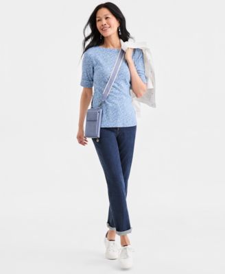 Women's Printed Boat-Neck Elbow-Sleeve Top