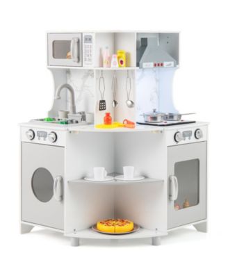 Corner Wooden Play Kitchen Kids Kitchen Playset w/ Microwave Range Hood Gift