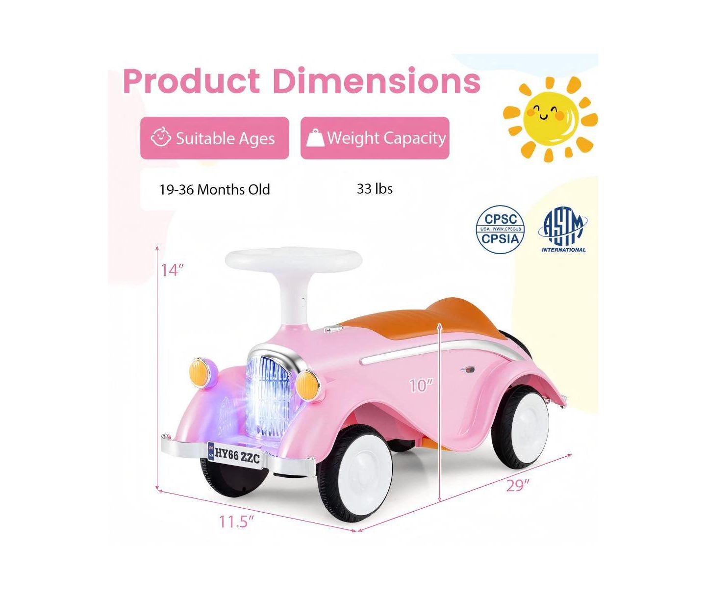 Детская игрушка HONGGE Toddler Ride-On Car with Steering Wheel, Lights and Storage, Ages 1.5-3, цвет: Розовый — фото 4