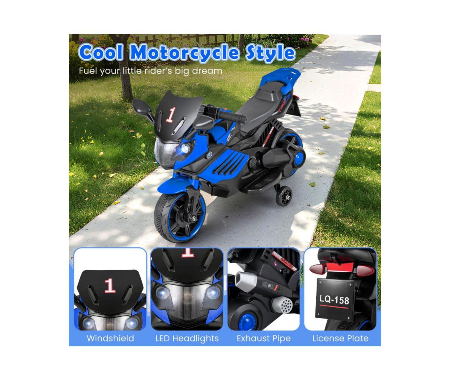 Детская игрушка HONGGE Electric Ride On Motorcycle with Training Wheels and LED Headlights, Ages 3+, цвет: Тёмно-синий — фото 9
