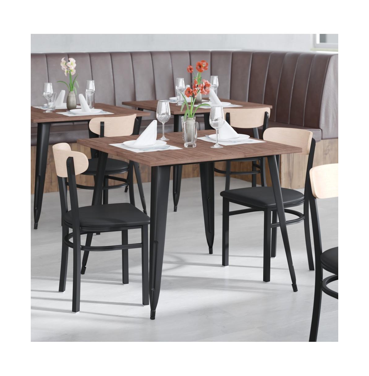 Emma+Oliver Yara Industrial Dining Chair with Rolled Steel Frame and Solid Wood Seat - 500 lbs. Static Weight Capacity