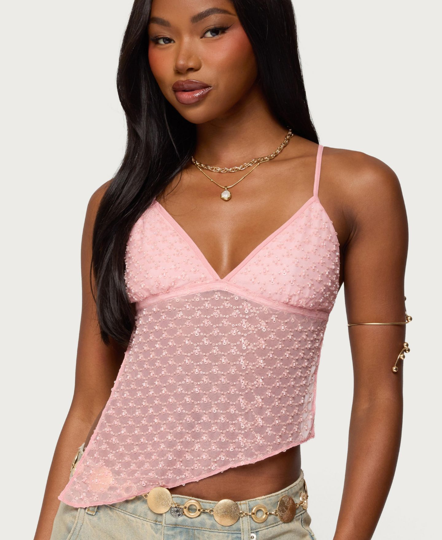 Женский топ Edikted Beaded Mesh Asymmetric Backless, цвет: Светлый розовый — фото 1