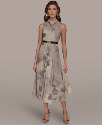 Women's Sleeveless Cowl Neck Floral Print Belted A-Line Midi Dress