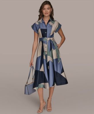 Women's Cap-Sleeve Spread Collar Geometric Colorblock Midi Shirt Dress