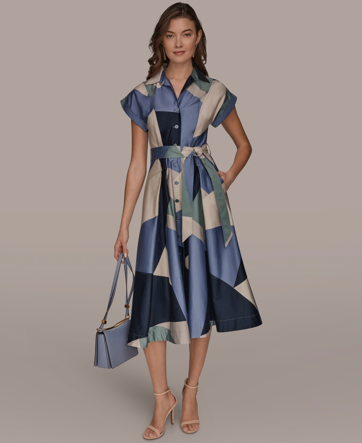 Donna Karan New York Women's Cap-Sleeve Spread Collar Geometric Colorblock Midi Shirt Dress