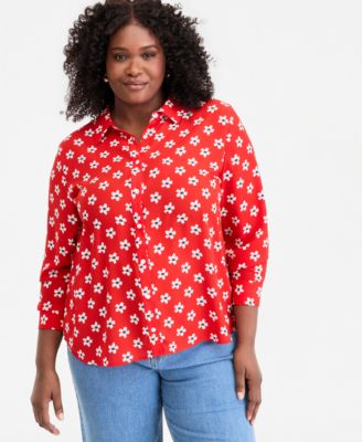 Trendy Plus Size Printed Collared Button-Front Shirt