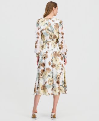 Petite Smocked Cuff-Sleeve V-Neck Midi Dress