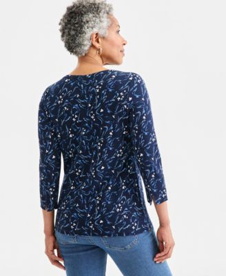 Women's Printed Pima Cotton 3/4-Sleeve Boat-Neck Top