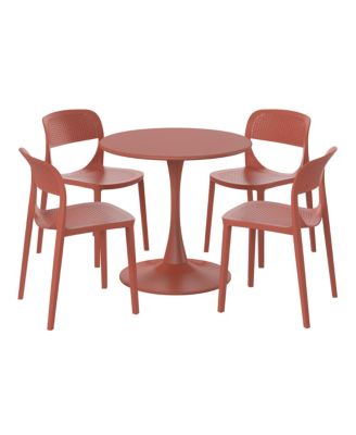 5-Piece Round Metal Bistro Dining Table Set And Stackable Resin Patio Dining Side Chairs