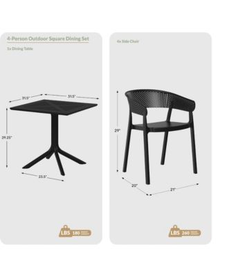 5-Piece Modern Patio Square Dining Table Set with Stackable Patio Dining Chairs