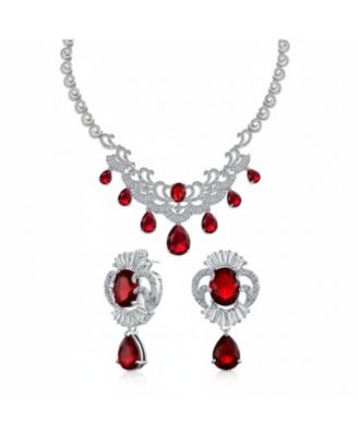 Art Deco Style Ruby Red CZ Cubic Zirconia Statement Bib Necklace and Teardrop Earrings Jewelry Set