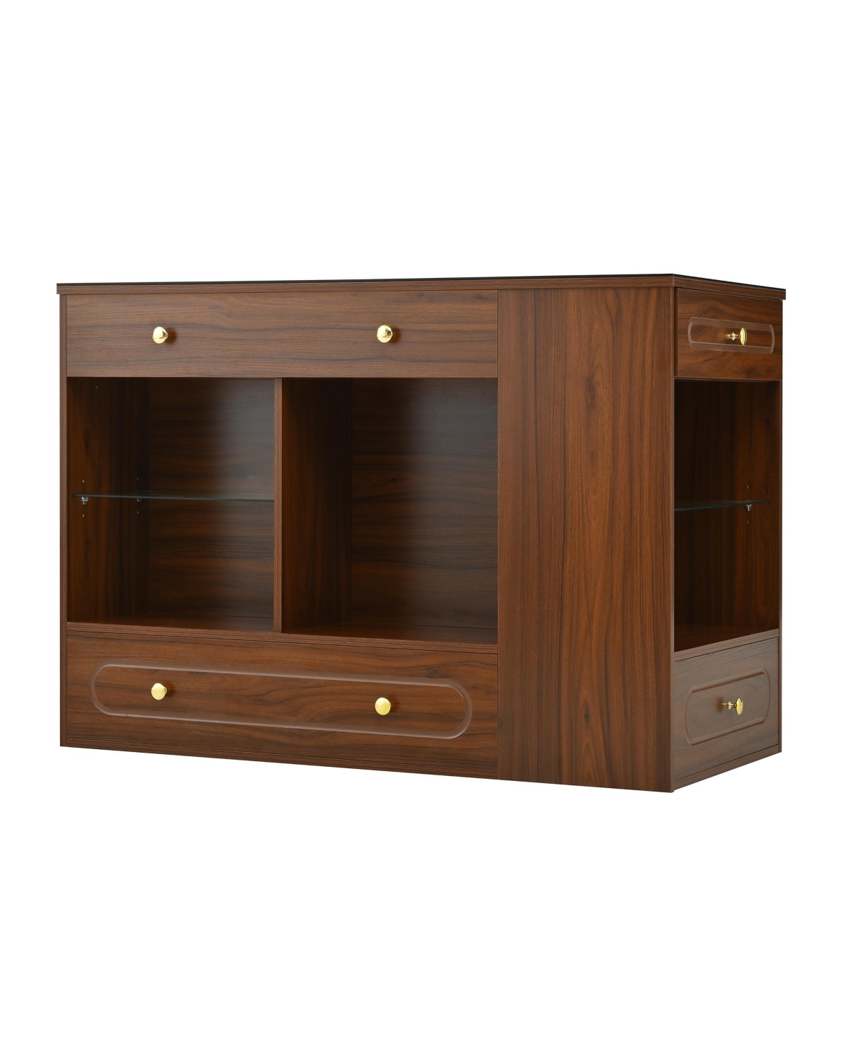 Streamdale Furniture Walnut Closet Island with Drawers, Glass Top, Shelves & Jewelry Storage