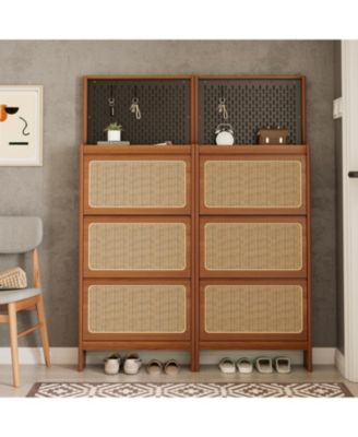 Slim Rattan Shoe Cabinet with Flip-up Storage & Handy Top