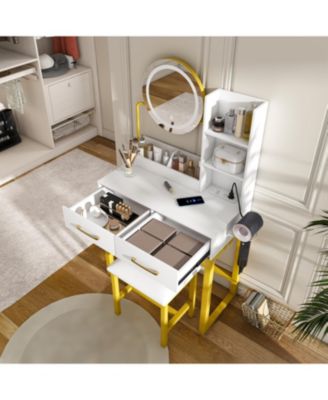 Makeup Vanity with LED Lights, Power Outlet, Drawers & Chair (White