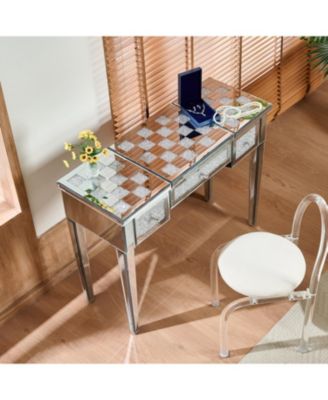 Mirrored Vanity Desk, Crushed Diamond Inlay, Flip-Top Mirror, Silver