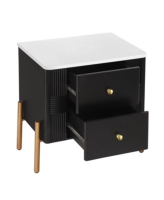 Modern Black Nightstand with Fluted Drawers & Gold Accents