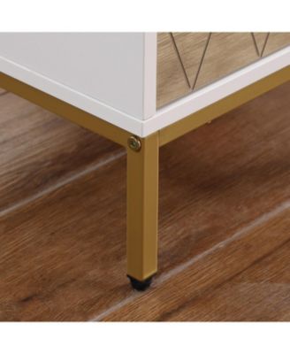 White & Natural Mid-Century Nightstand with Gold Accents